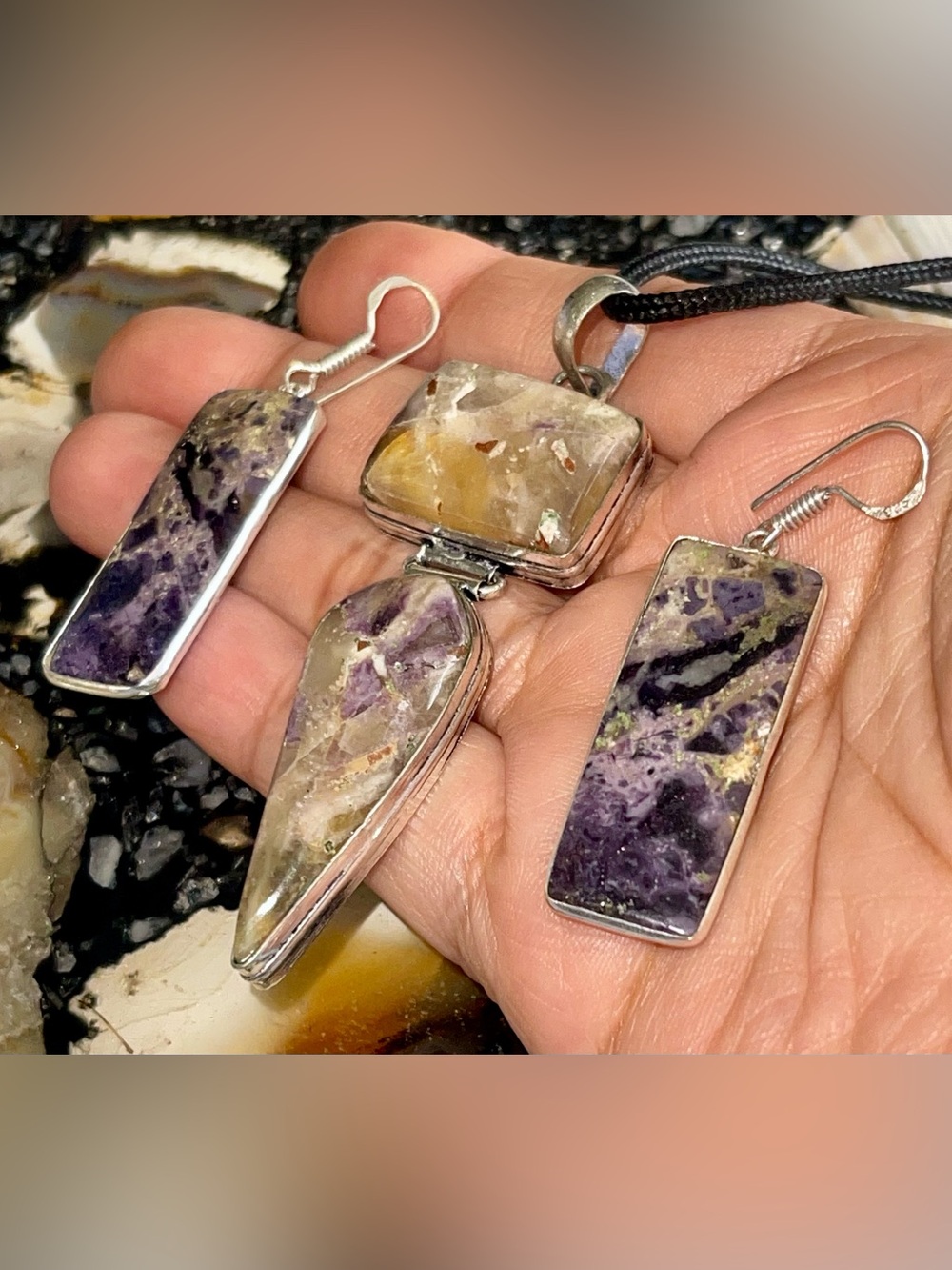 Tiffany Stone Purple Fluorite Opal Pendant & Earrings
